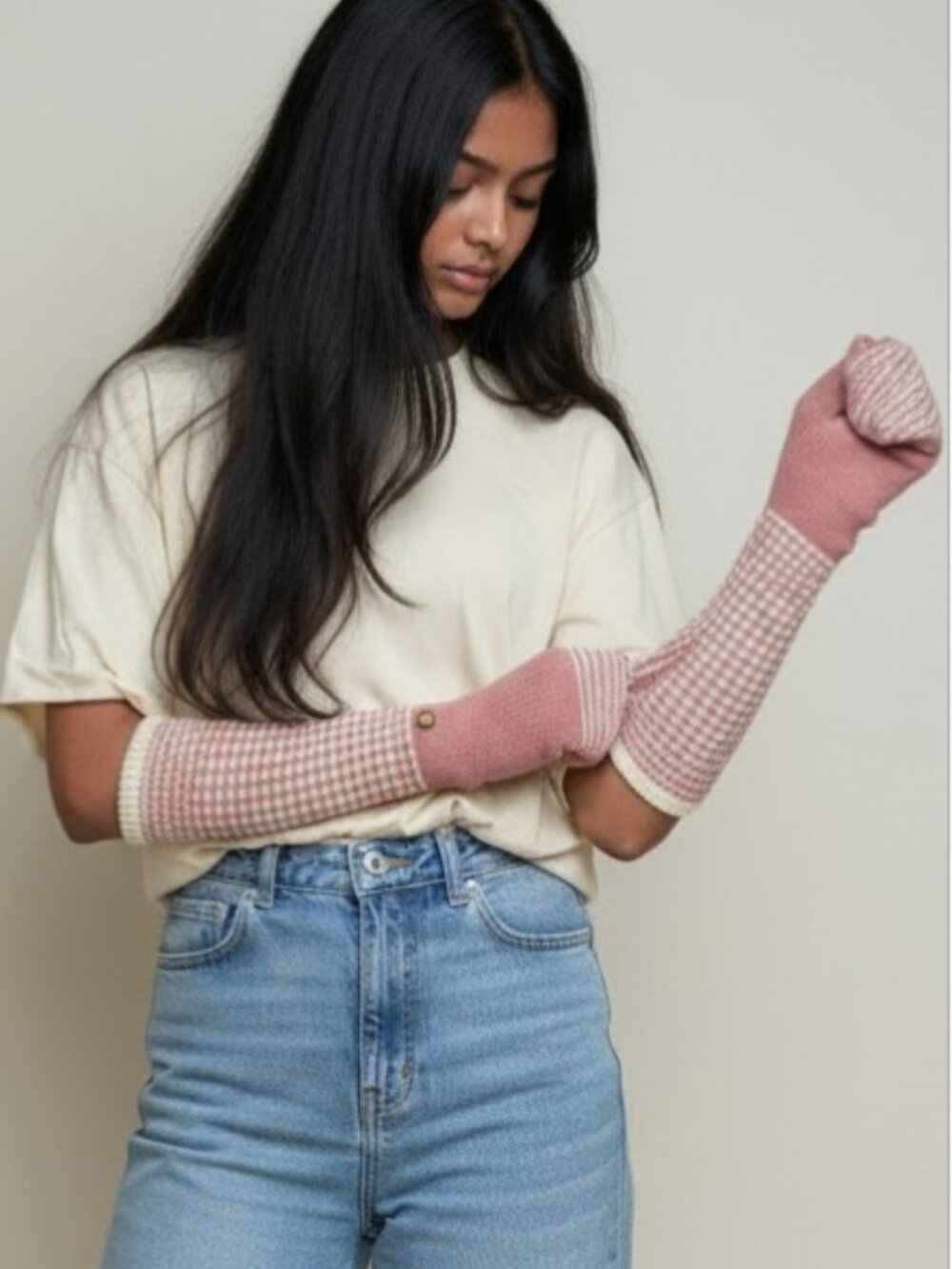 MANTARAY -- Mitten/Gloves, Pink & White Stripe Elbow Length "Hoodie" Gloves, NWT